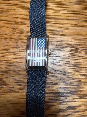 Fossil Gold-Tone Watch with American Flag Dial and Navy Strap